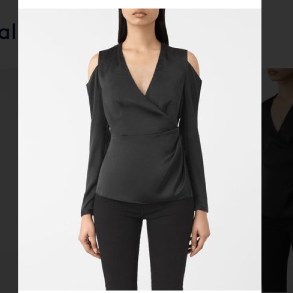 All Saints Danio Satin Open shoulders Black v-neck Top sz.2